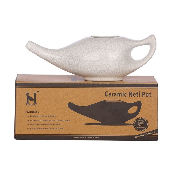 HealthGoodsIn Ceramic Neti Pot with Salt, Dishwasher Friendly, Holds 225 Ml (7.6 Fl Oz) Water - Crackle Pattern Ivory