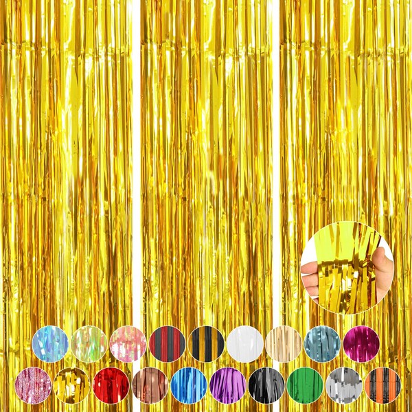 Accevo Tinsel Curtain Gold Birthday Decoration, Pack of 3, 1 x 2.5 m Streamers Baby Shower Birthday Decoration, Shiny Garland, Birthday, Fringe Streamers as Party Decoration, Christmas Decoration,
