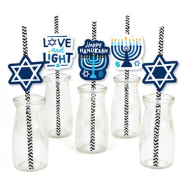 Big Dot of Happiness Hanukkah Menorah - Paper Straw Decor - Chanukah Holiday Party Striped Decorative Straws - Set of 24