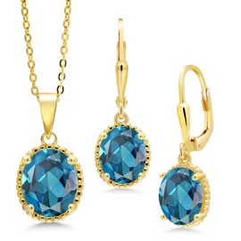 Gem Stone King 7.80 Ct London Blue Topaz 18K Yellow Gold Plated Silver Pendant and Earrings Jewelry Set with 18 Inch Chain