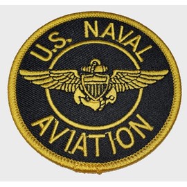 U S Naval Aviation with Pilot Wings Small Round Patch - Yellow on Black Background with Gold Pilot Wings - Veteran Owned Business