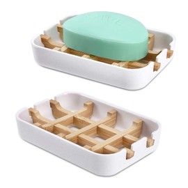 ATDORO 2 Pack Bar Soap Holder Shower, Soap Holder, Bamboo Wooden Soap Dishes for Bathroom, Sink Deck Bathtub Shower Tray (White)