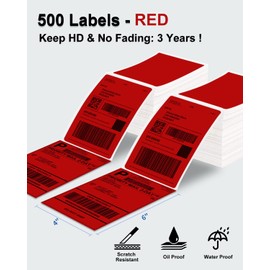Phomemo 4x6 Thermal Label Printer Paper - 500 PCS Red 4"x6" Fan-Fold Shipping Supplies Labels - Water/Oilproof Label Stickers - Permanent Adhesive 4x6 Mailing Labels Paper for Thermal Printer