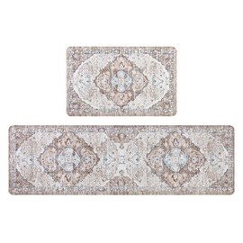 Ileading Kitchen Anti Fatigue Mat Set of 2 Non Skid Waterproof Kitchen Floor Mat Vintage Cushioned Comfort Standing Mat Boho Kitchen Rug Runner for Kitchen Sink Laundry, 17"x59"+17"x28", Light Brown