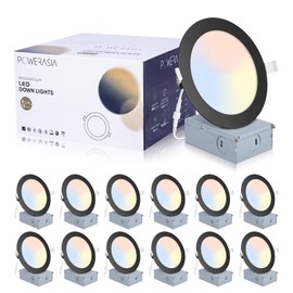 12 Pack Recessed Lighting 6 Inch with Junction Box, 5CCT 6 Inch Black LED Recessed Lights Dimmable 2700K/3000K/4000K/5000K/6000K, 15W1200lm Ultra Thin Recessed Lighting - ETL and Energy Star Certified