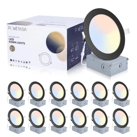 12 Pack Recessed Lighting 6 Inch with Junction Box, 5CCT 6 Inch Black LED Recessed Lights Dimmable 2700K/3000K/4000K/5000K/6000K, 15W1200lm Ultra Thin Recessed Lighting - ETL and Energy Star Certified