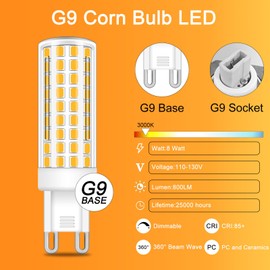 BROLSKUN G9 LED Bulb Dimmable 8W, 60W-80W G9 Halogen Equivalent, 2700K Soft Warm White, 120V No-Flicker, Chandelier Lighting 800LM (5 Pack)