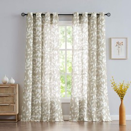 Treatmentex Leaf Semi Sheer Curtains for Living Room 84" Length with White Leaves Print Curtains for Bedroom Windows 52" w, 2 Panels Taupe, Grommet Top