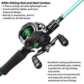 Kilitn Fishing Rod and Reel Combo, Green Color Baitcasting Combo Baitcast Reel, 2-Piece Baitcaster Rod, Durable Fiberglass with Comfortable EVA Handle (Casting Right 6FT)