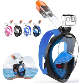 Tyuodna Snorkel Mask Adults and Children, Diving Mask, Full Face Mask, CO2 Safe, 180 Degree Vision Diving Mask, Full Mask, Anti-Fog Snorkeling Mask with Camera Position (Black Blue, L/XL)