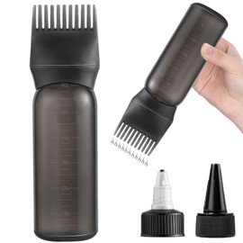 FXSPLCZ Root Comb Applicator Bottle Oil Applicator for Hair Dye Hair Oiling Bottle with 2 Types Caps and Graduated Scale, 6 Ounce (Black)