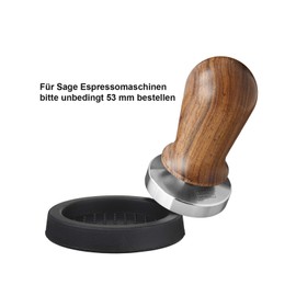 scarlet espresso Perfetto tamper for barista; calibrated to 35 lbs contact pressure; with aluminium or precious wood handle and precision stainless steel base (set: sandalwood - brown 54 mm & Puck)