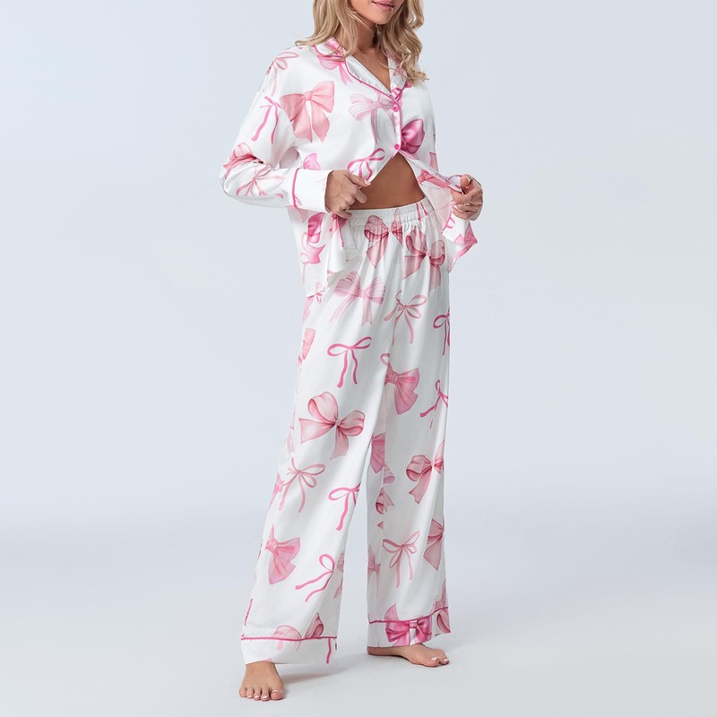Women Autumn 2 Piece Lounge Outfit Bow Print Satin Pajama