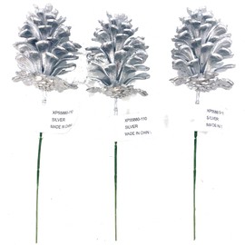 Pine Cone Pick Ornaments for Christmas Tree, Centerpiece, Garland, Holiday Décor, Set of 3 Silver