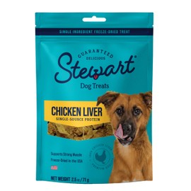 Stewart Freeze Dried Dog Treats, Chicken Liver, 2.5 oz, Grain Free & Gluten Free, Resealable Pouch, Single Ingredient, Training Treat