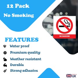 No Smoking Vinyl Stickers 12-Pack - 100mm x 100mm - Weatherproof, Waterproof, Sun-Resistant - Easy-to-See Square Signs for Outdoor & Indoor Use