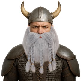 Grey Braided Fake Beard and Mustache – Viking Dwarf Wizard Beard with 5 Braids Medieval Cosplay Costume Facial Hair