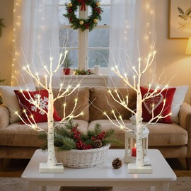 encavy Christmas Decorations Indoor,2 Pack 2 FT White Lighted Birch Tree with Lights,Christmas Trees with Lights,Table Top Decor for Home Hanging Ornaments Thanksgiving Valentines,Battery Operated