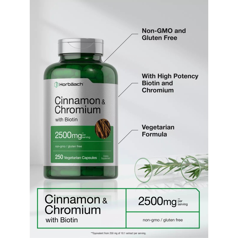 Horbäach Cinnamon Capsules 2500mg | 250 Count | with Chromium