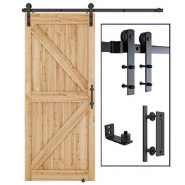 SMARTSTANDARD 6FT Heavy Duty Sturdy Sliding Barn Door Hardware Kit, 6ft Double Rail, Black, (Whole Set Includes 1x Pull Handle Set & 1x Floor Guide) Fit 36" Wide Door Panel (I Shape Hanger)