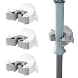 WAURCSY 3 Pack Broom Holder Wall Mount Mop Grippers No Drilling Self Adhesive Anti-Slip Mop Handle Hanger Dustpan and Broom Organizer-Grey…