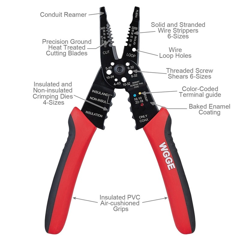 WGGE WG-015 Professional 8-inch Wire Stripper/Crimping Tool, Cable Cutter/Crimper, Wiring