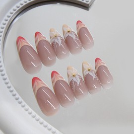 French Tip Press on Nails Almond Medium Fake Nails Glossy Glue on Nails Cute Acrylic Nails with 3D Flower Designs Red Yellow Gradient False Nails Fall Stick on Nails for Women 24Pcs