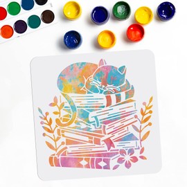 MAYJOYDIY Cat Book Stencils Sleeping Cat Drawing Painting Stencils Book Flower Grass Pattern Reusable Flexible Template 30×30cm Decor for Home/Floor/Wall/Kitchen/Cabinets/Bags