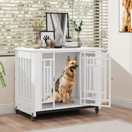 DWVO Dog Crate Furniture with Wheels, 32 Inch Dog Kennel Indoor Heavy Duty End Table Dog Crate for Small Medium Dogs, Decorative Wooden Dog Cage Table with Removable Tray, Chew-Resistant, White