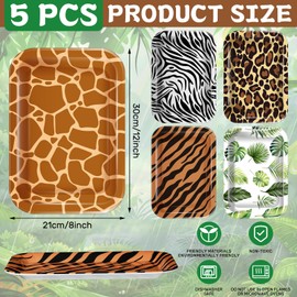 Rtteri 5 Pcs Jungle Safari Wild Animal Platter 12 x 8 Inch Jungle Zoo Animal Print Plates Tray Wild Animal Party Supplies for Jungle Safari Themed Baby Showers Birthday Party Decorations