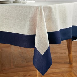 Solino Home Linen Tablecloth 108" L x 60" W Inch – 100% Pure Linen Navy and Natural Tablecloth – Farmhouse Dining Rectangle Tablecloth for Winter – Contempo