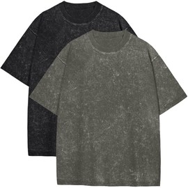 Men's Oversized T Shirts Summer Vintage Tees Acid Washed Short Sleeve Casual Tops, 2 Pack, Black Army Green, L