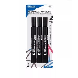 Bazic 3 Black Ink PERMANENT Markers Chisel Tip Broad & Fine Line Durable Pen New Bazic