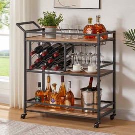FATORRI Bar Cart for The Home, Rolling Wine Carts on Wheels with 3 Tier Wood Shelves, Liquor Beverage Cart with Wine Rack and Glass Holder (Rustic Oak)