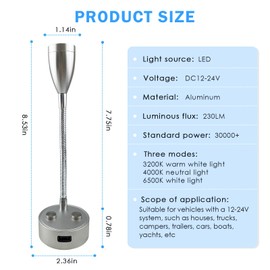 Paquete de 2 luces LED de 12 V – 24 V RV con puerto de carga USB, cuello de cisne, foco LED de cuello de cisne, cualquier toque regulable 3000 K, 4000 K, 6000 K, foco giratorio de 360° para caravana, viaje, camión, remolque, caravana, luz de mesita de no