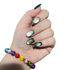 Cat Eye Press on Nails Handmade Short Oval/Square/Round False Nails with French Tip/Aurora/Magnetic Shimmer Designs (Group#Green Spring, Small)
