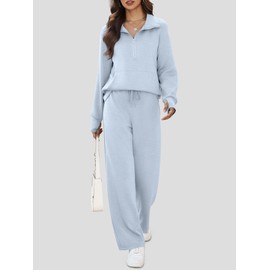 Casly Lamiit Women Two Piece Set 2025 Fall Winter Outfits Oversized Half Zip Sweatshirt Wide Leg Sweatpant Lounge Matching Set Athletic Fashion Travel Clothes Set Sweatsuit Light Blue M