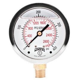 Winters PFQ Series Stainless Steel 304 Dual Scale Liquid Filled Pressure Gauge with Brass Internals, 0-400 psi/kpa,2-1/2" Dial Display, -1.5% Accuracy, 1/4" NPT Bottom Mount