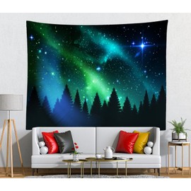 CORFOTO Fabric Northern Lights Tapestry Norwegian Pine Trees Aurora Borealis Wall Tapestries for Kids Men Bedroom Living Room Dorm Decor Picture Wallpaper 92Wx70H inches