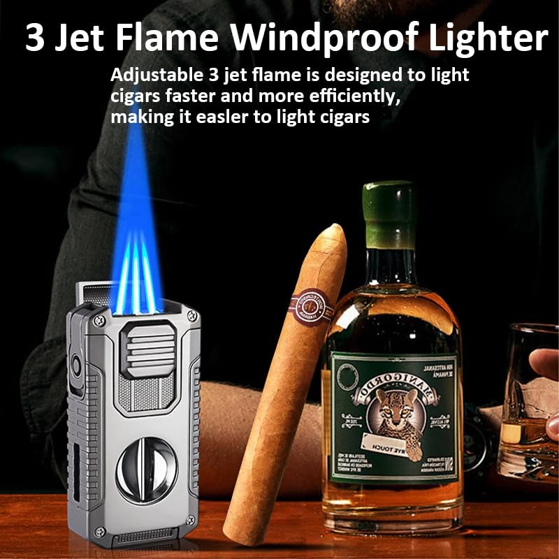 Cigar Lighter Triple Jet Flame Refillable Butane Torch Lighter with