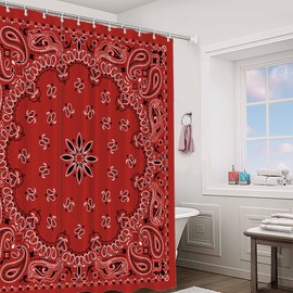 BaoNews Red Paisley Bandana Decor Shower Curtain Set,Bandana with Red Paisley in The Middle Polyester Shower Curtain for Shower Stall Bathroom Waterproof with 12 Hooks 72x72 Inch