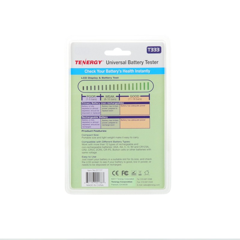 Tenergy T-333 Universal Battery Tester, LCD Display, Cell Checker, Multi-Purpose