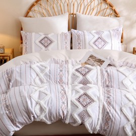 Herside Light Brown 100% Cotton Duvet Cover Set King Size, 3-Piece Tufted Textured Modern Boho Moroccan Bedding, Aztec Geometric Farmhouse Comforter Cover with 8 Corner Ties & Double Zipper