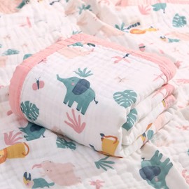 Muslin Baby Blanket, 6-Layer Cuddly Blanket, Cotton, 110 x 110 cm, Wrap Blanket, Newborn Girl, Boy Soft Blanket for Bath, Towel, Children's (Pink Elephant)