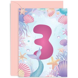 Old English Company 3rd Birthday Card for Girl - Daughter Birthday Card Age Three - Milestone Baby Greeting Cards 3 Year Old - Mermaid Shells Coral Birthday Card for Kids - Under Sea Third Bday