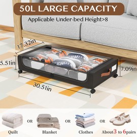 Futego Under Bed Storage with Wheels, 50L Large Capacity UnderBed Storage Containers with Clear Lid and Handles, Under the Bed Storage Bins Drawers for Clothes,Blankets,Shoes,Books (BLACK, 4 PACK)