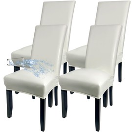 Soft Leather Chair Covers for Dining Chairs Set of 4, Stretch Waterproof Dining Chair Covers Protector Oilproof and Scratch-Proof Parson Chair Covers Modern Style for Kitchen Room(Cream, 4Pcs)