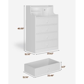 HAUOMS Tall Dresser for Bedroom,4 Drawer Dresser with Charging Station & Hutch,Black Wood Chest of Drawers with PU & Fabric Drawers,Closet Dressers with Drawers for Living Room, Entryway, Hallway