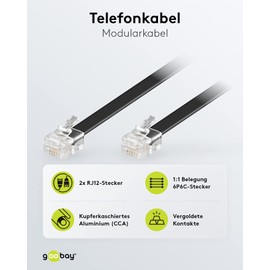 goobay Telephone Cable 15 m, Flat Modular Cable with RJ12 Plug (6P6C), as Connection Cable for Telephone, Fax, Router, Modem, DSL, Black - 50324