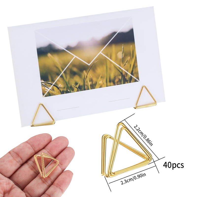 QOOSIKICC 40 Pcs Triangle Place Card Holders, Mini Gold Table